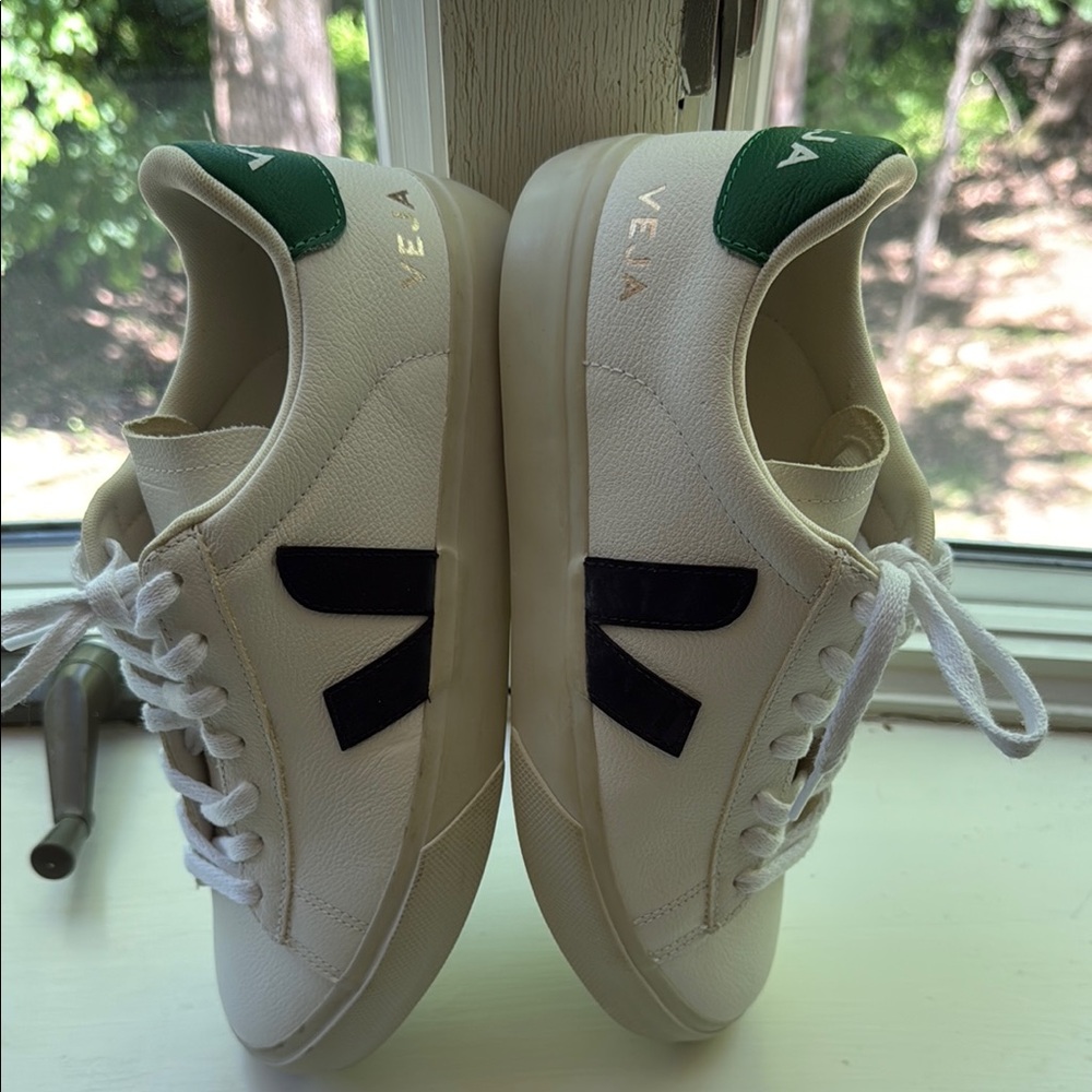 Veja White and Green Minimalist Sneakers